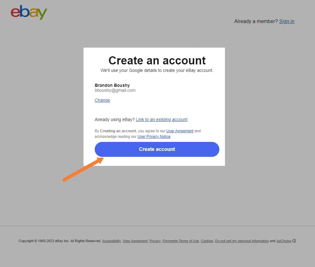 Screenshot of create an account from eBay website