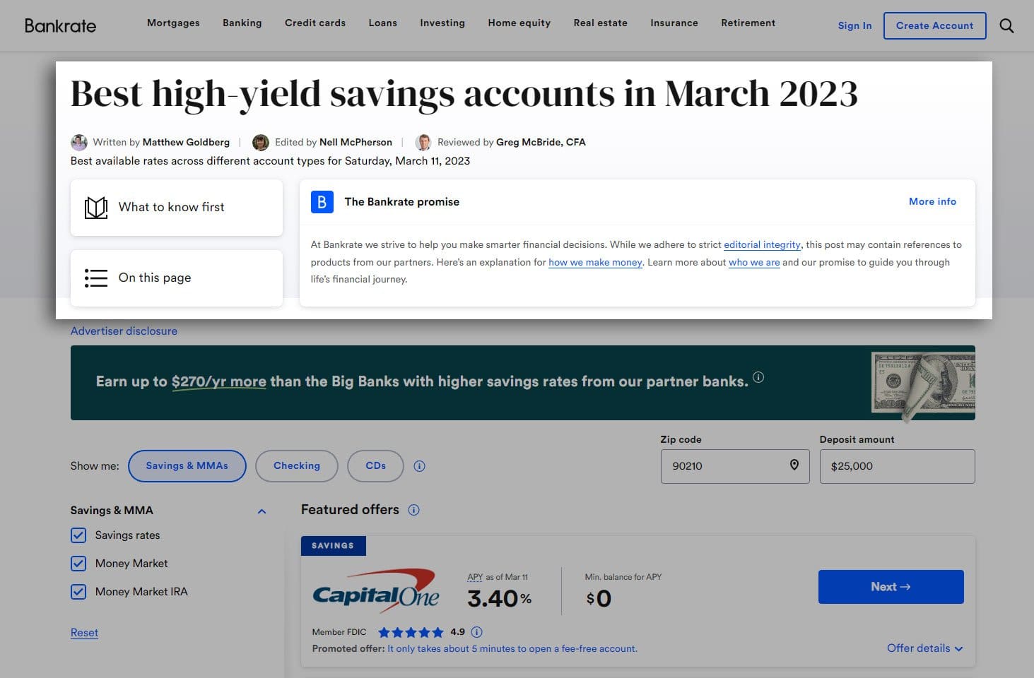 Screenshot of high-yield savings from bankrate website