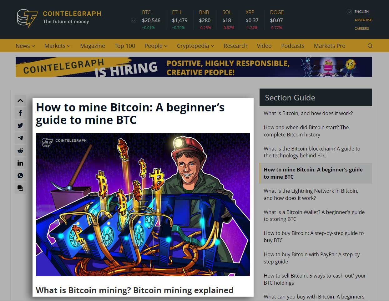 screenshot of bitcoin from cointelegraph website