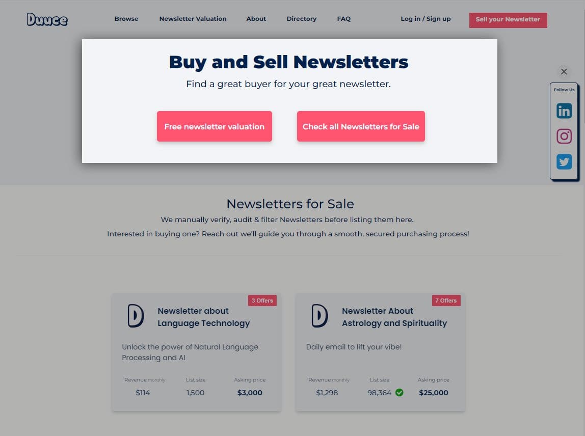 screenshot of buy and sell newsletter from duuce website