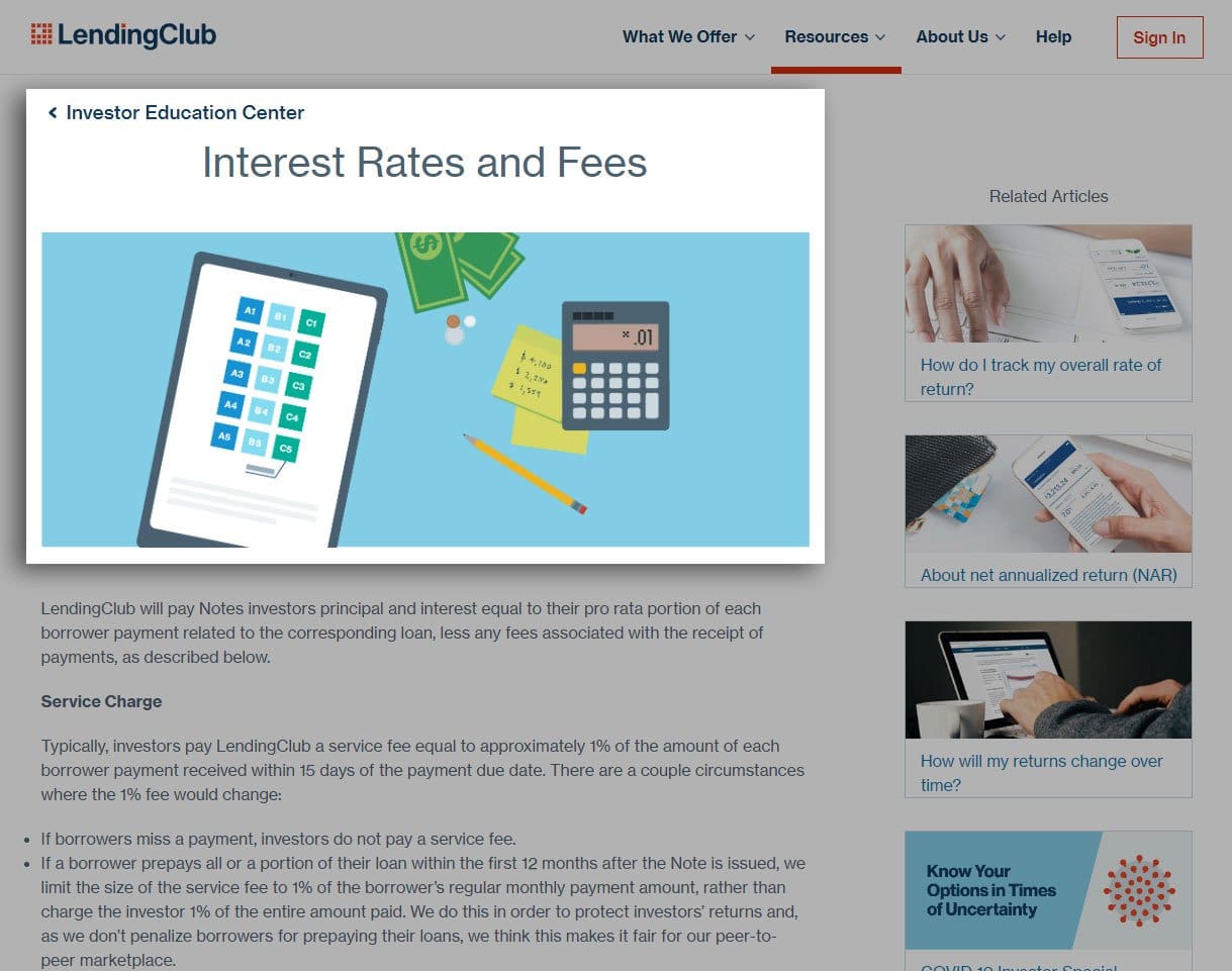 Screenshot of interest rates and fees from lendingclub website