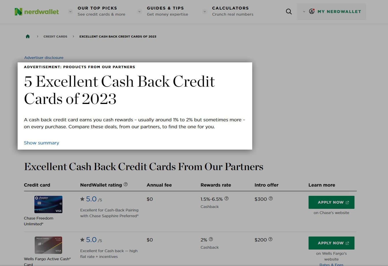 screenshot of credit card rewards from nerdwallet website