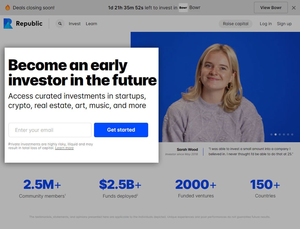 screenshot of become an investor from republic website