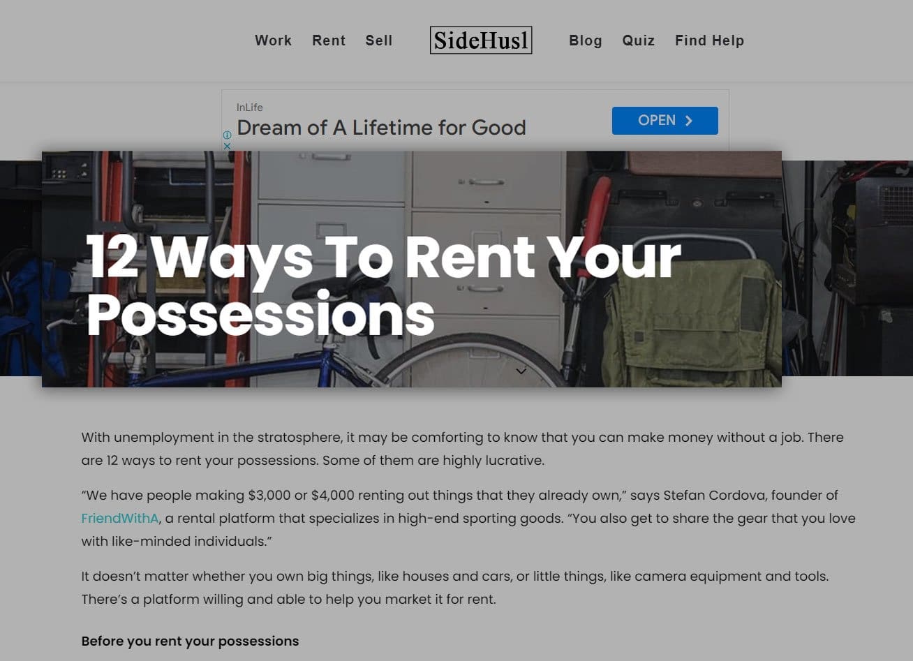 screenshot of rent your possession sidehusl website