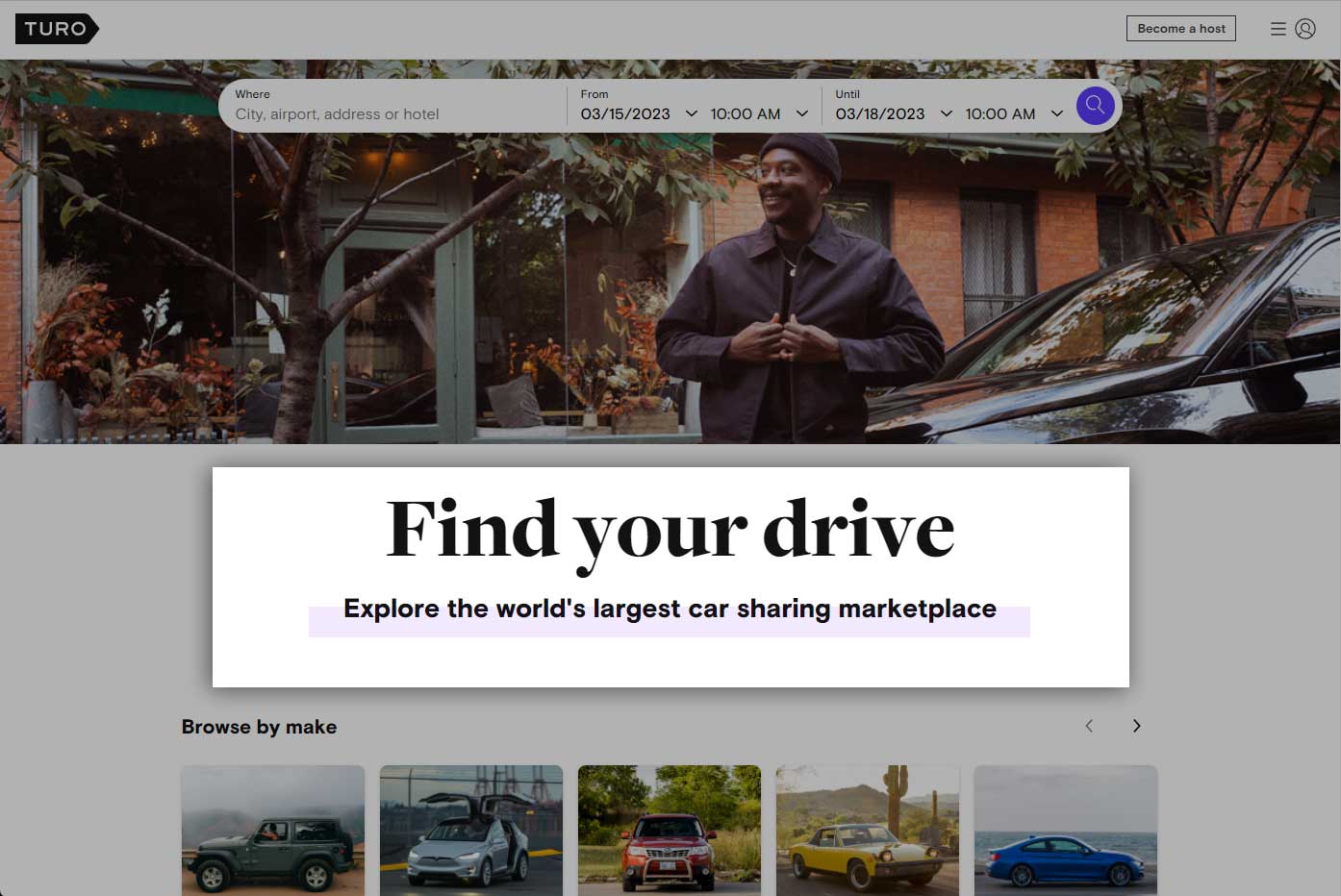 screenshot of find your drive from turo website