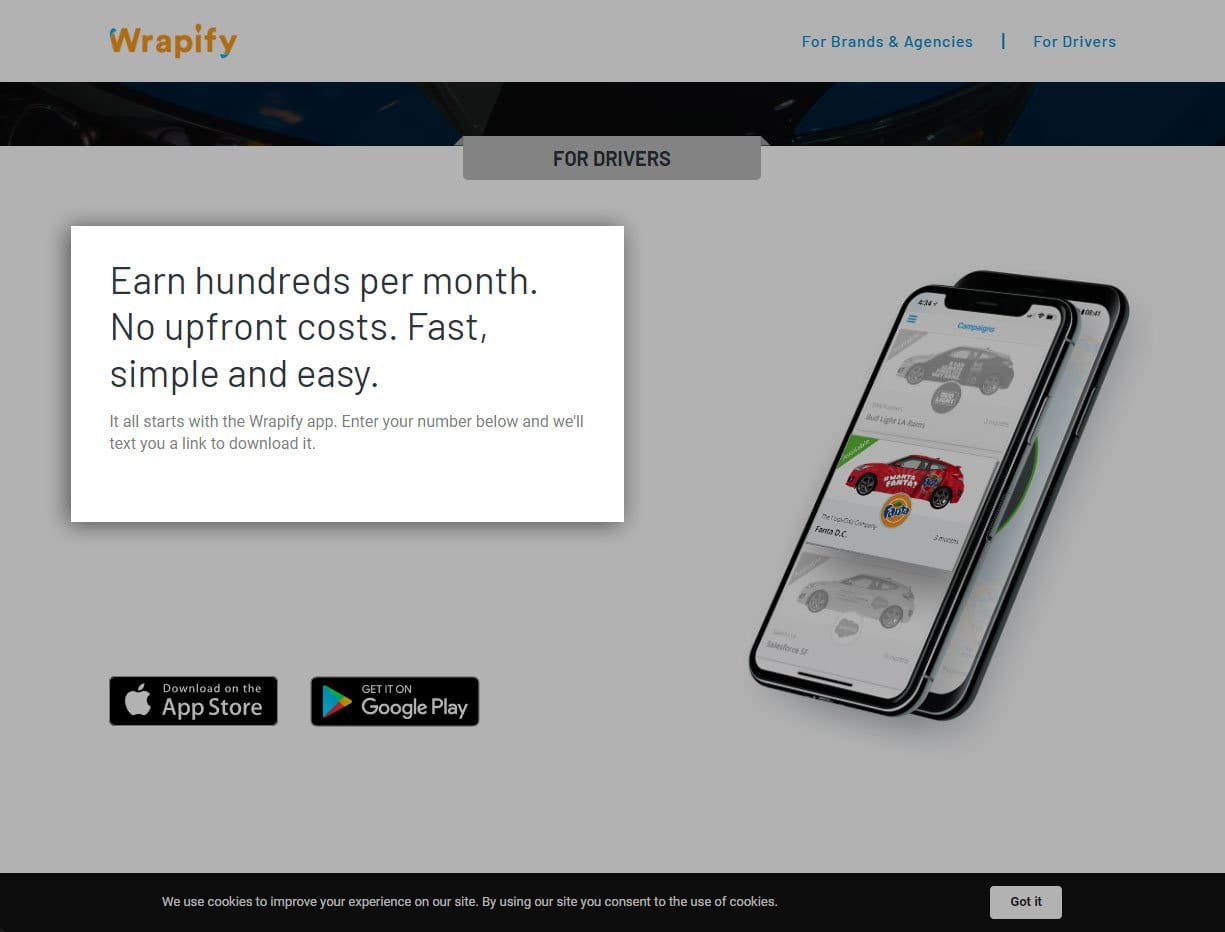 screenshot of advertising your car from wrapify website