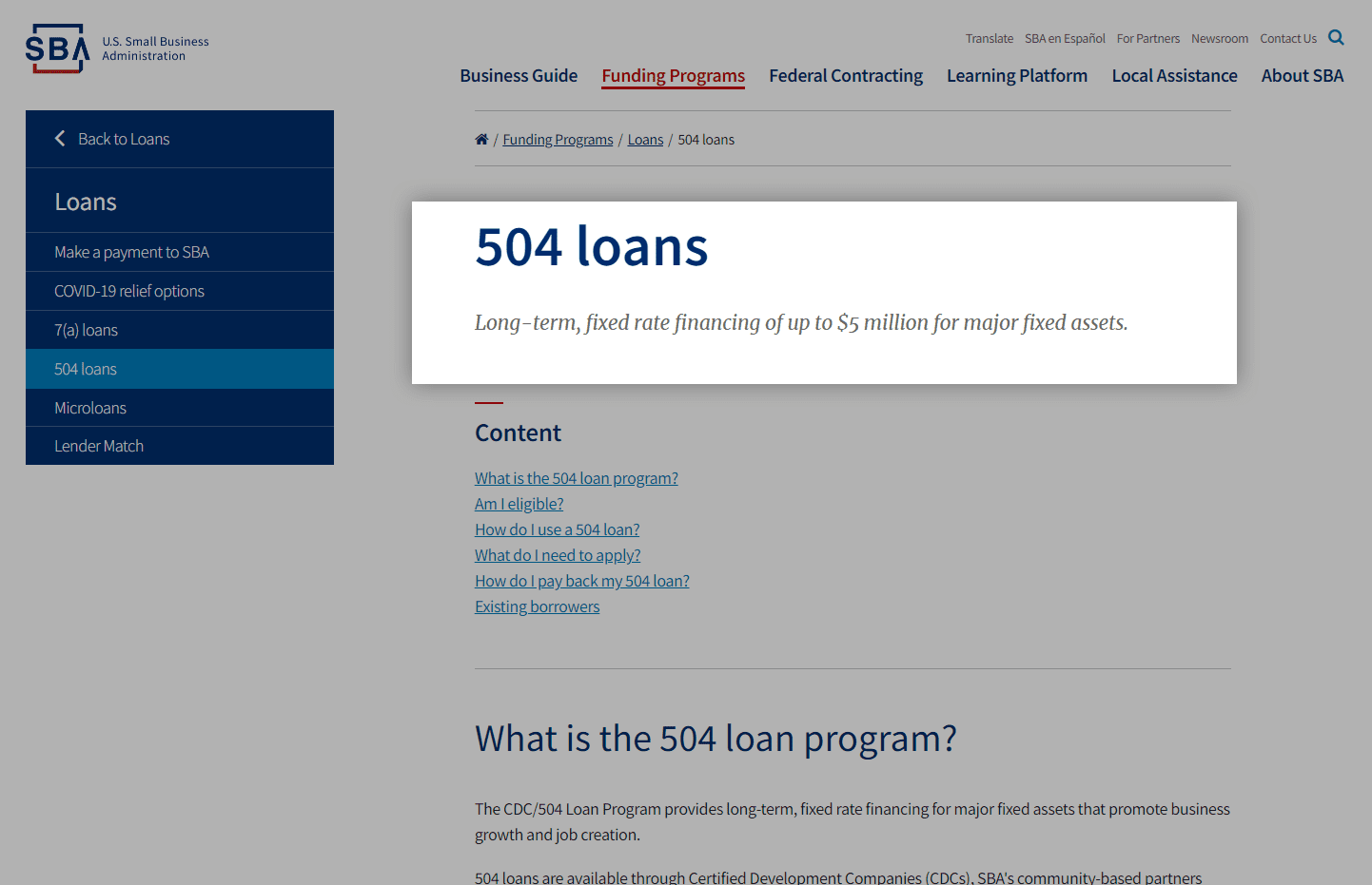 Screenshot of 504 loans from sba.gov website