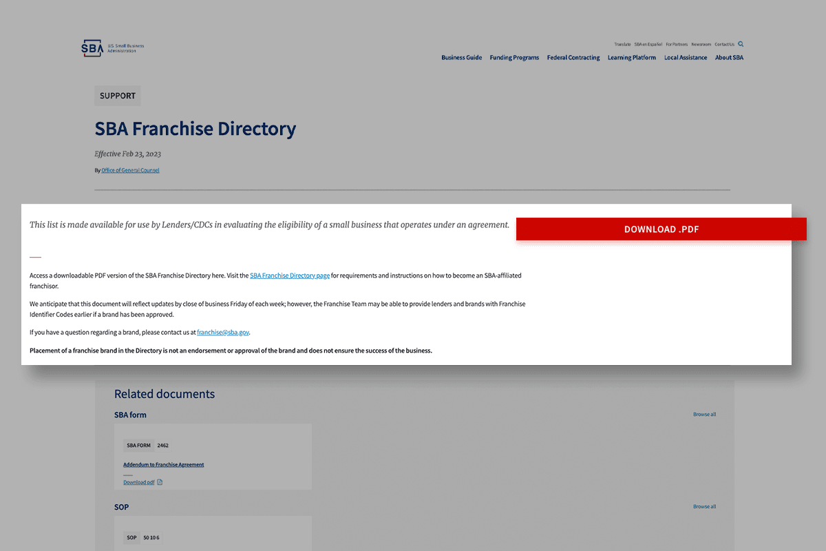 Screenshot of franchise directory from SBA.gov website