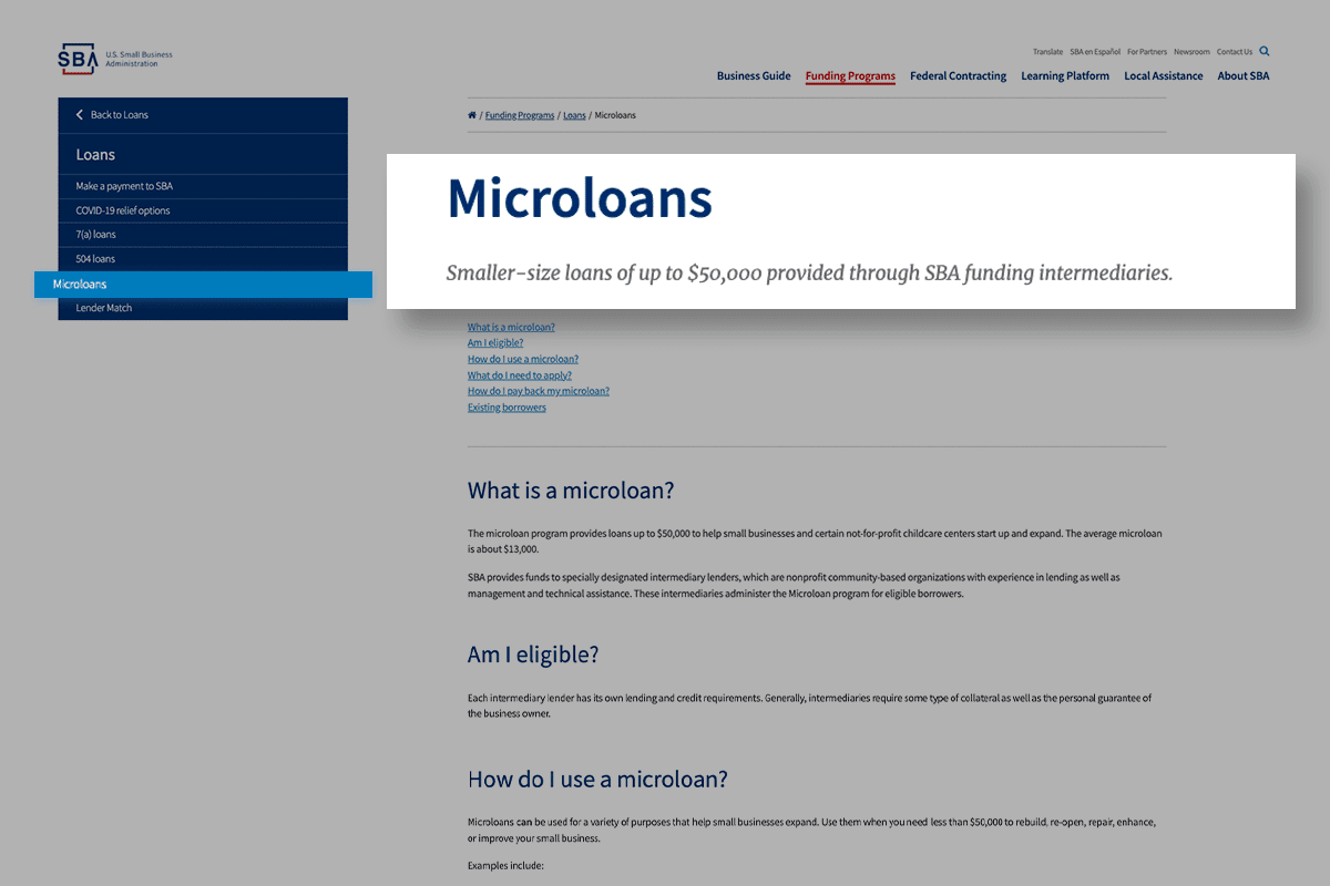 Screenshot of microloans from sba.gov website