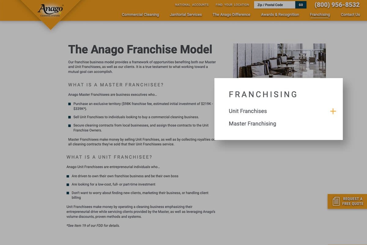 screenshot of cleaning franchise from anagocleaning website
