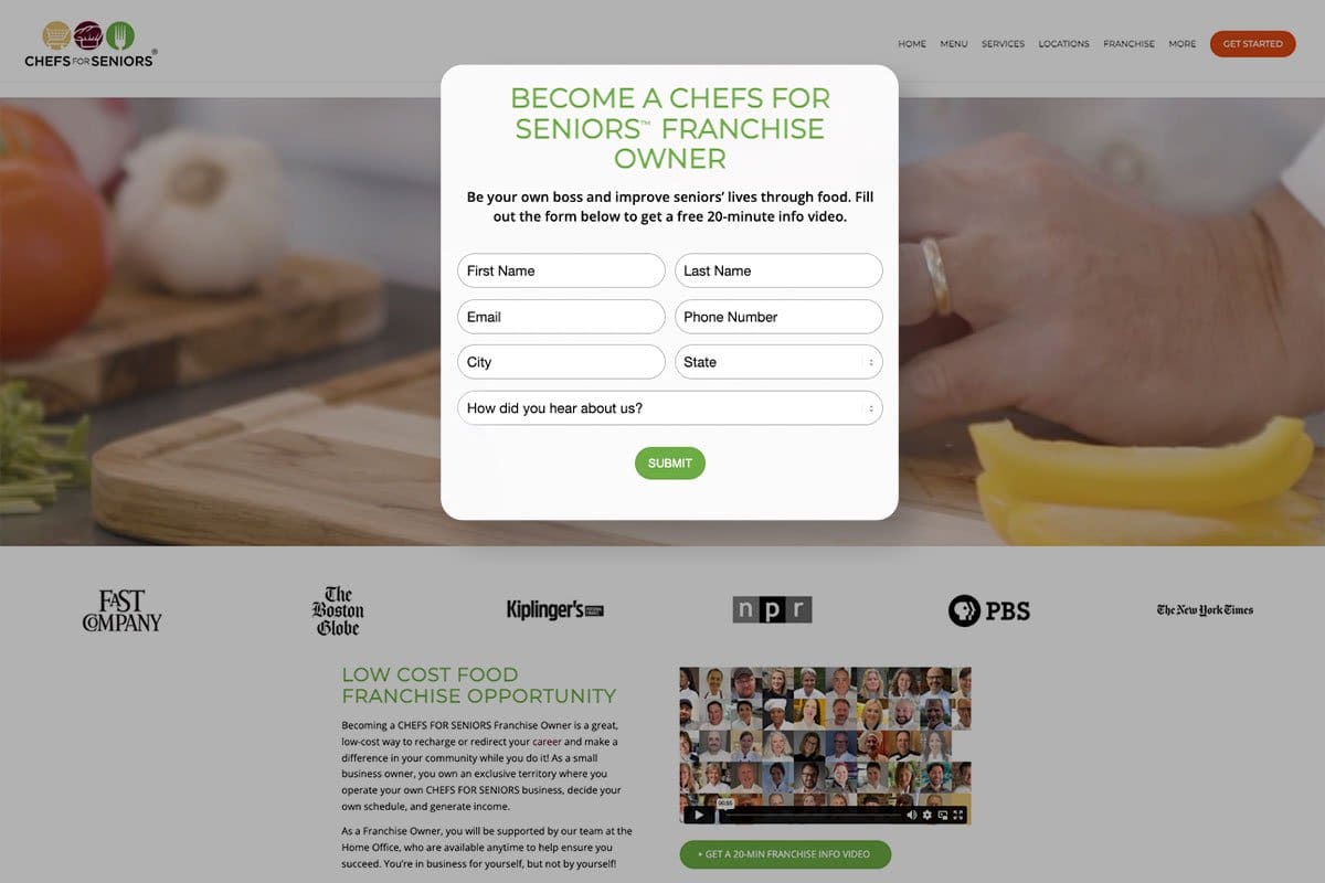 screenshot of low cost franchise from chefsforseniors website