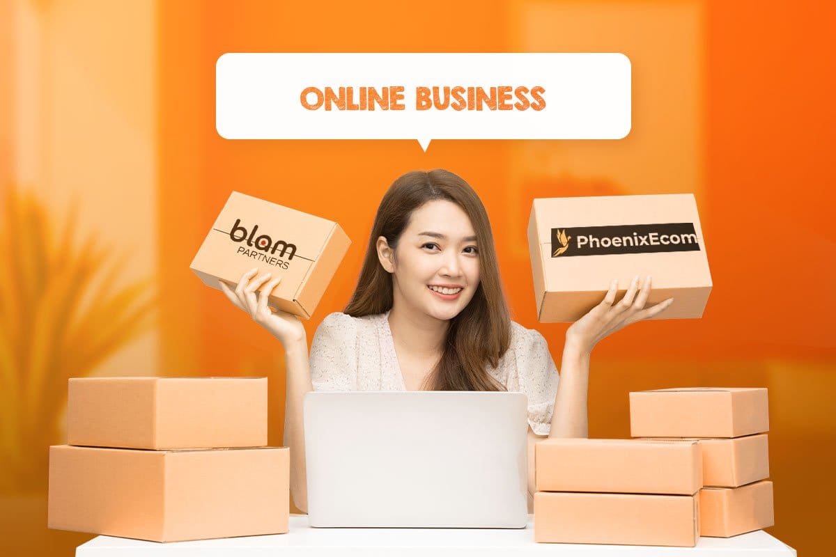 female online seller on orange color background
