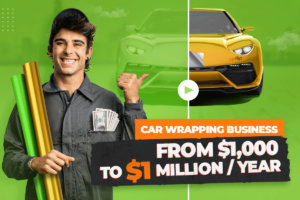 smiling guy holding a roll of stickers with a car background