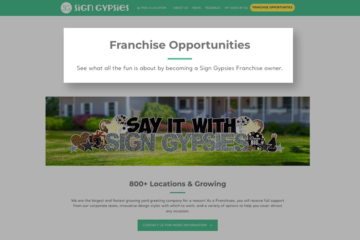 screenshot of franchise opportunities from signgypsies website