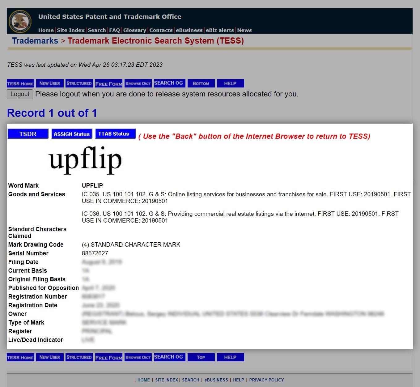 screenshot of upflip trademark from USPTO website