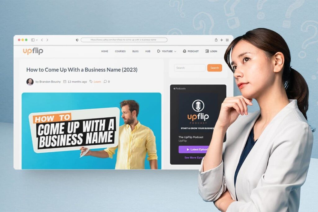woman in business attire thinking with a website screenshot background