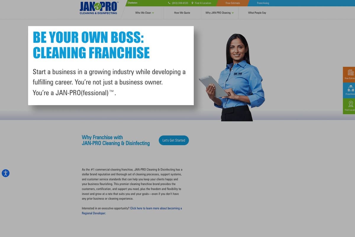 screenshot of cleaning franchise from janpro website