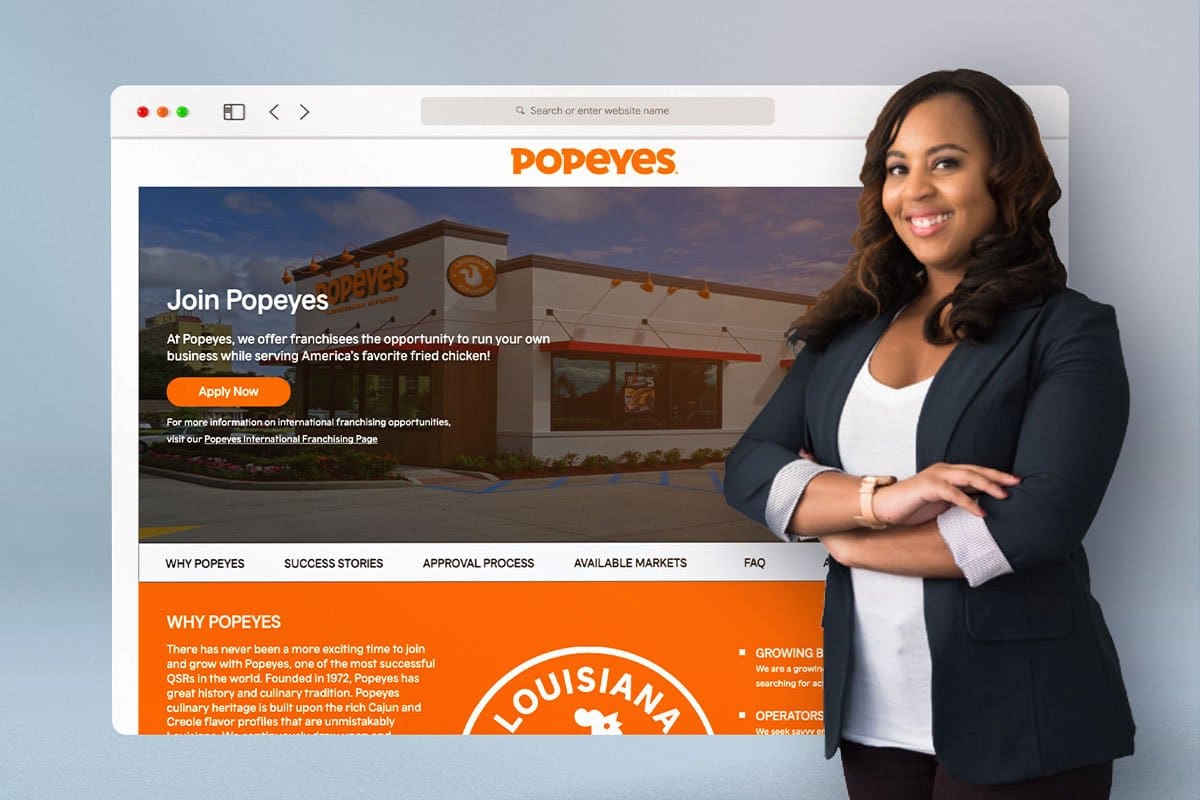 beautiful woman and a screenshot background of popeyes louisiana kitchen website