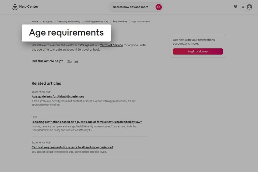 screenshot of age requirements from airbnb website