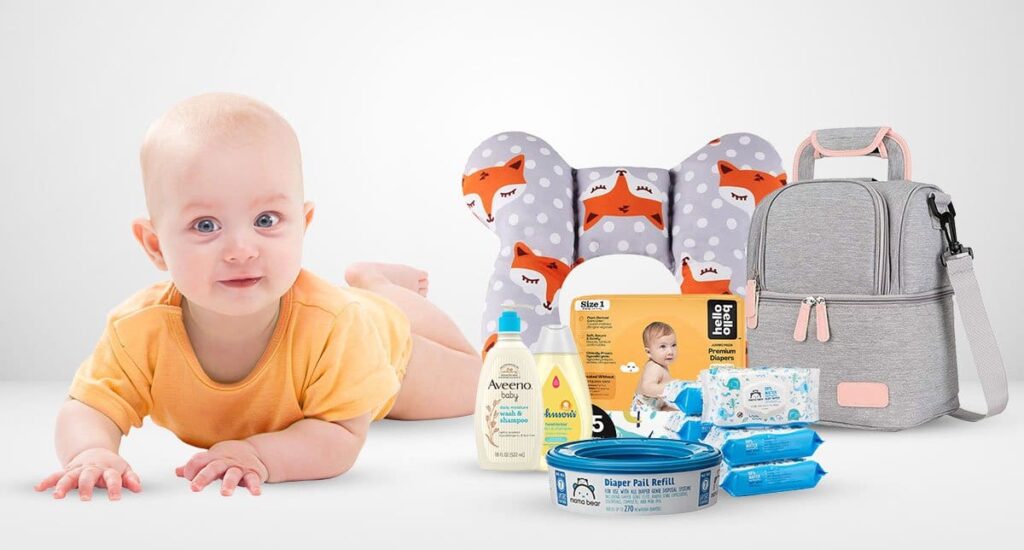 toddler facing down with a baby products beside