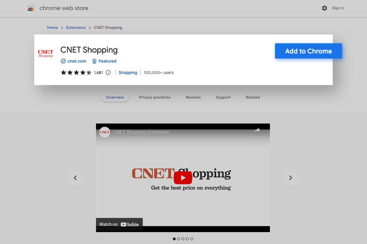 screenshot of cnetshopping from chrome webstore