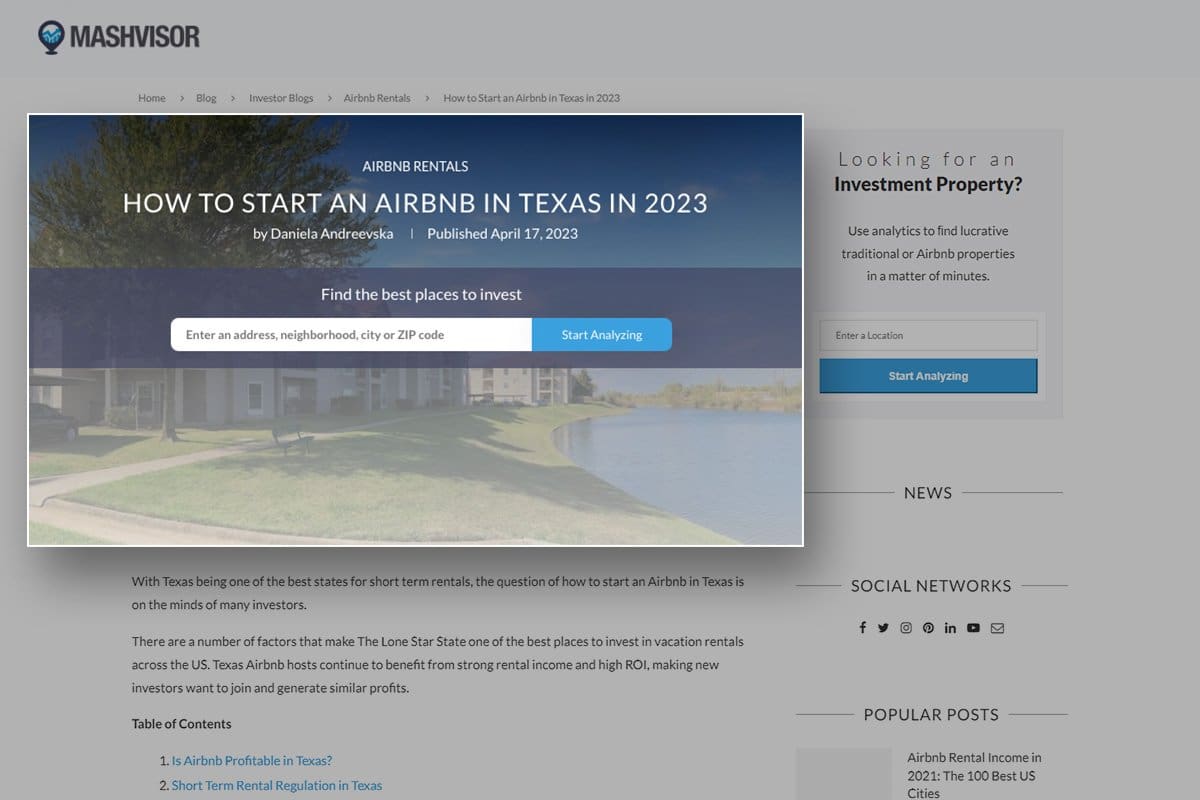 screenshot of airbnb in texas from mashvisor website