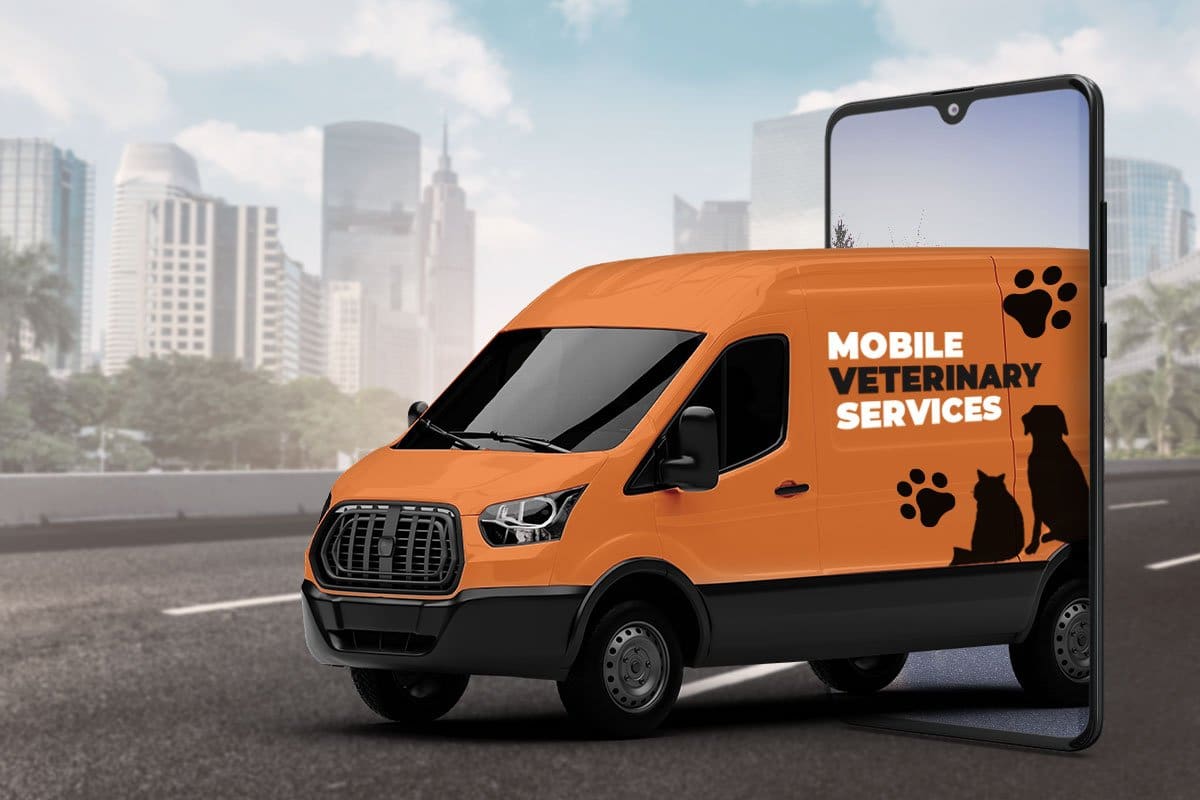 veterinary van emerging from a smartphone screen illustration