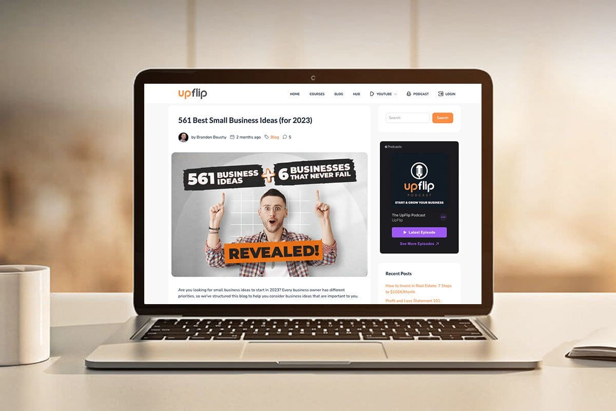 Screenshot mock-up of small business ideas from Upflip website