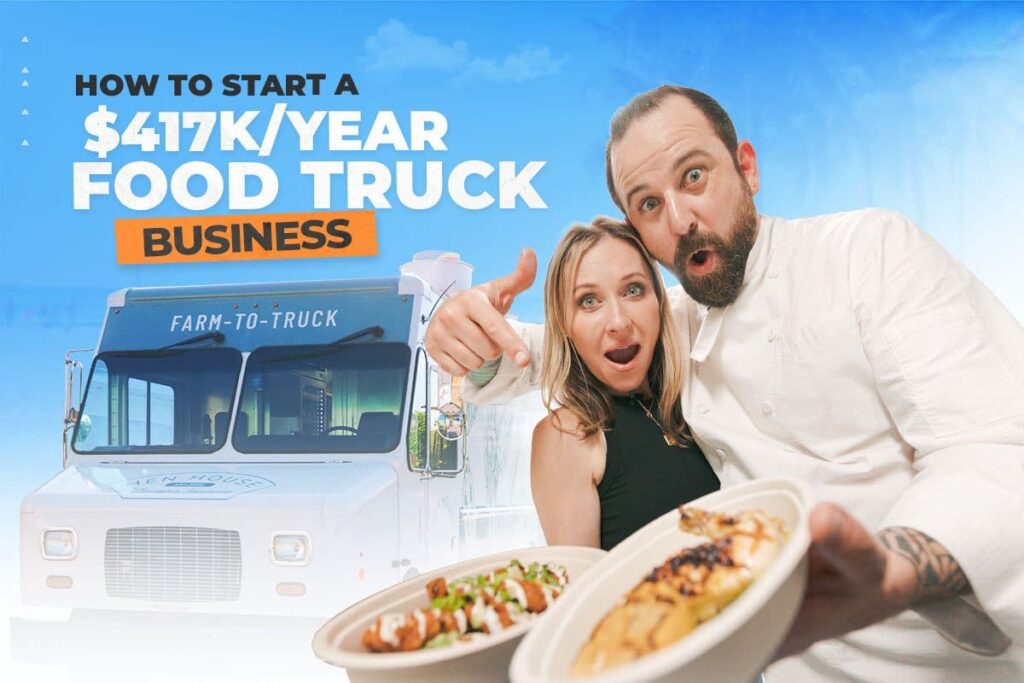 man on a chef attire with a woman and a food truck at the background