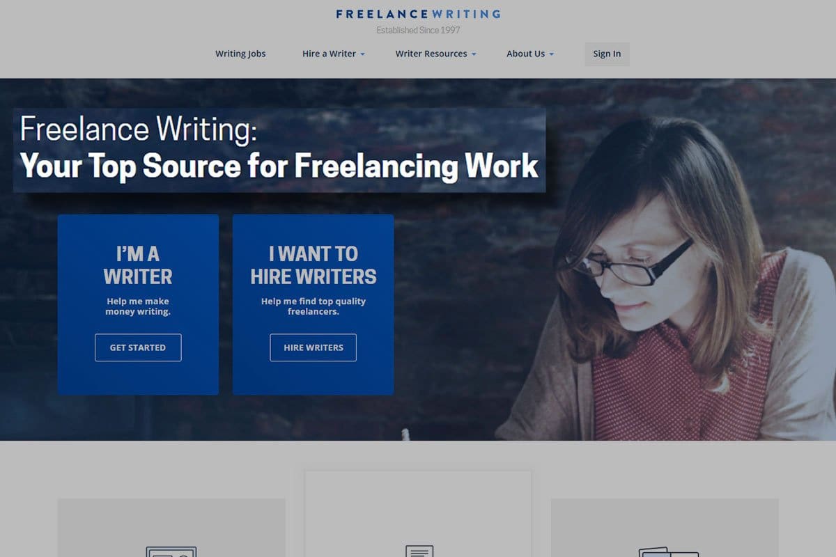 Screenshot of Freelancewriting.com’s homepage showing "I’m a writer" and "I want to hire writers" options