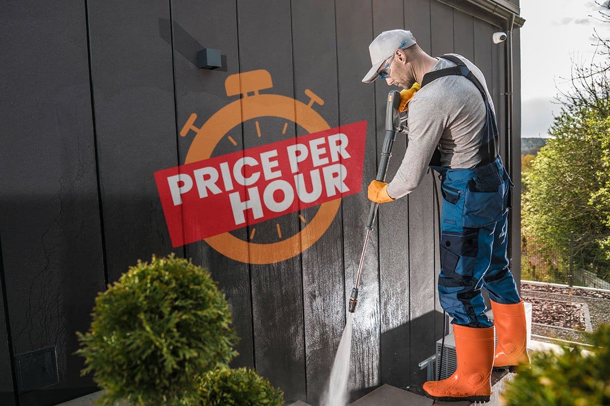 Man pressure washing a residential property with "price per hour" and a clock painted on siding