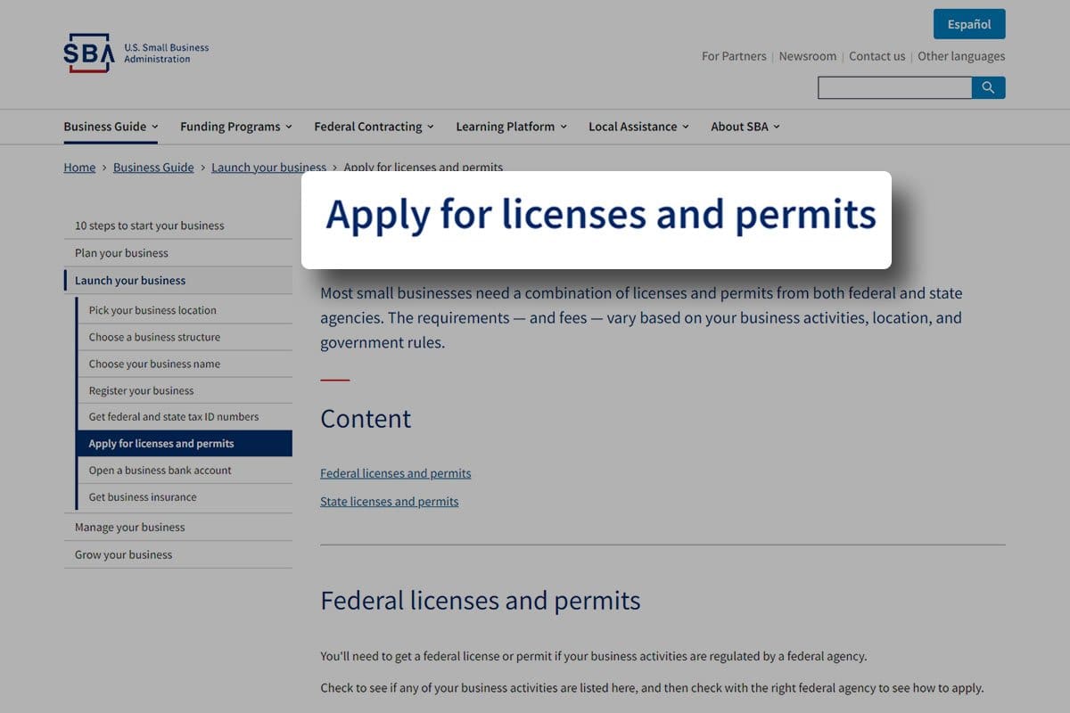 Screenshot of SBA’s page on applying for licenses and permits