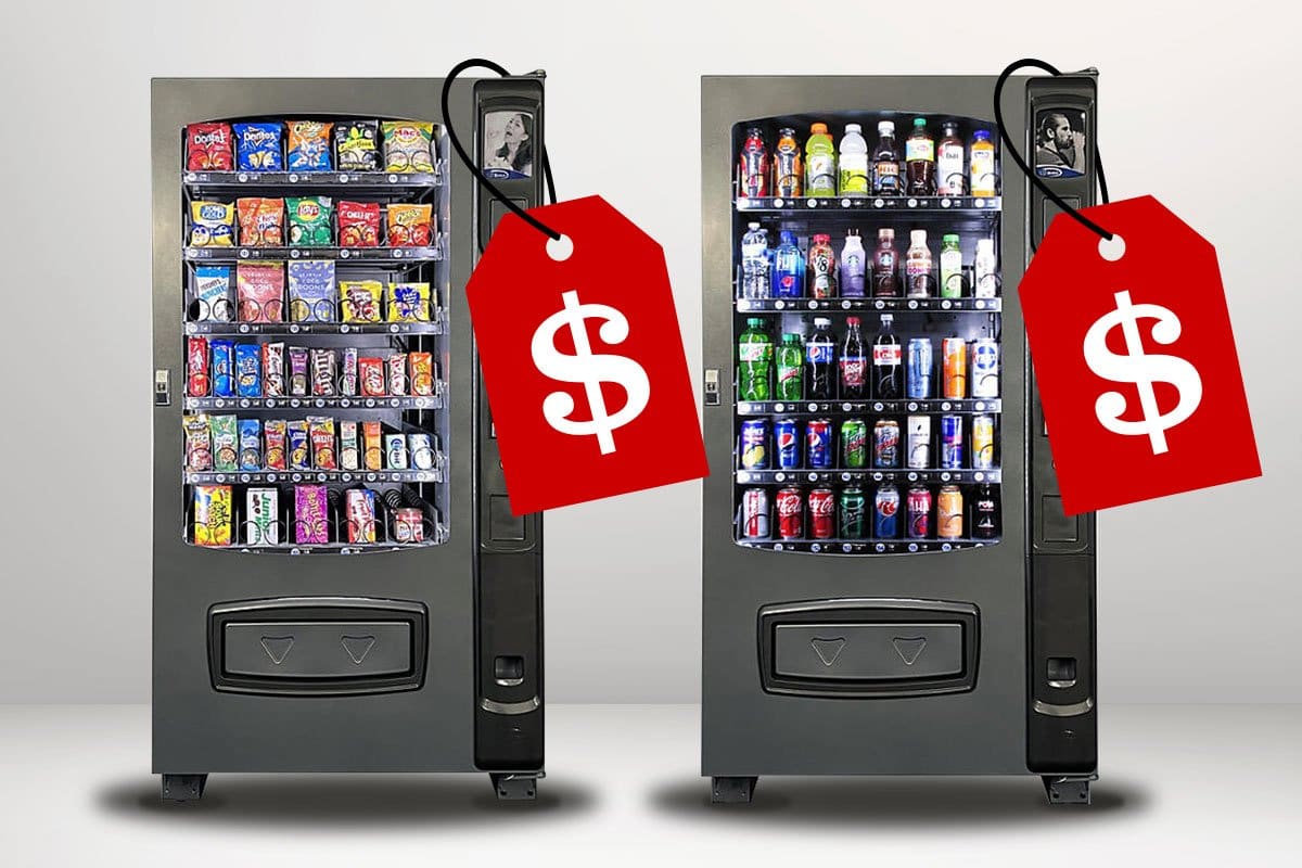 Two well-stocked vending machines with giant red price tags