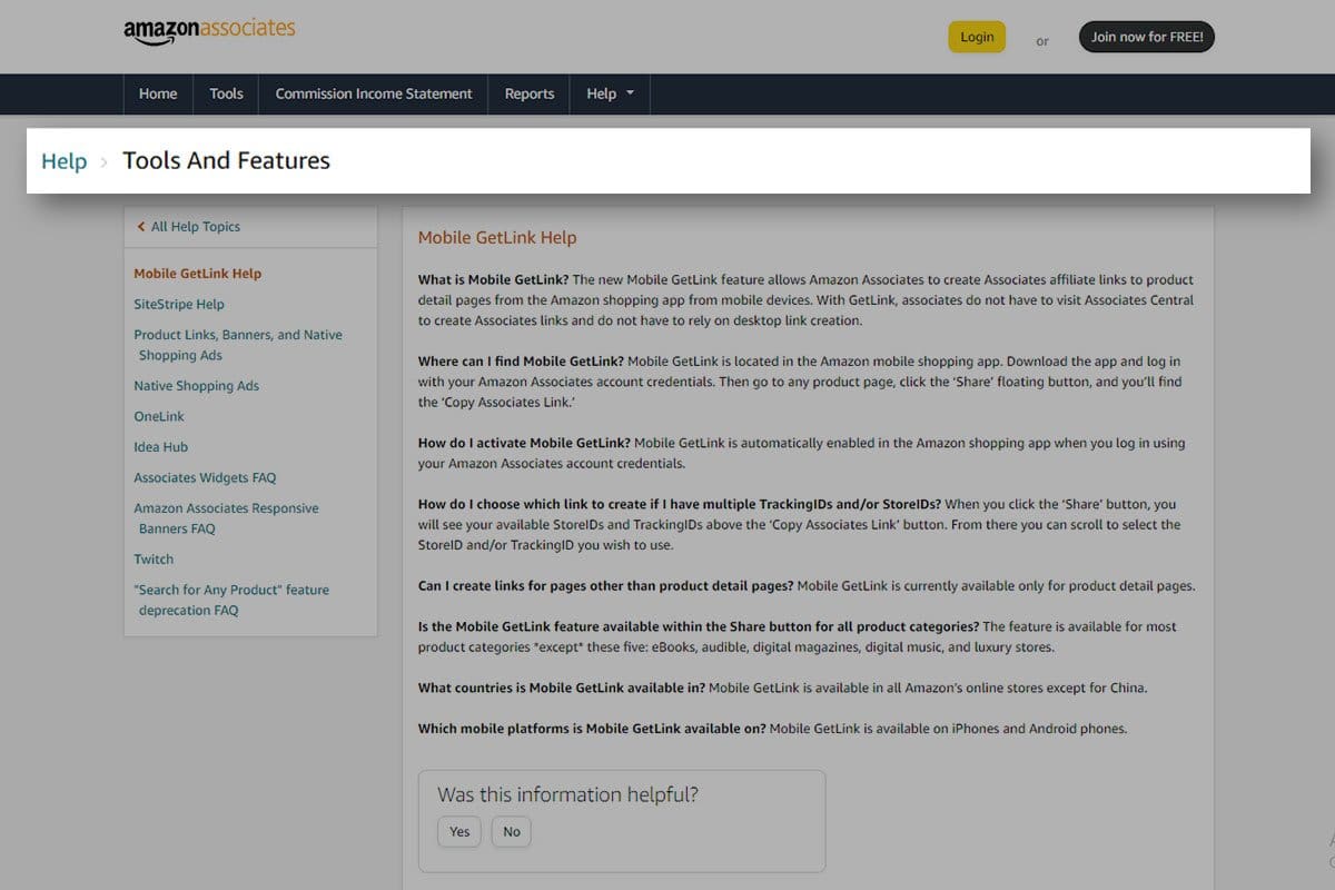 Amazon’s affiliate marketing industry resource webpage showing the "Tools And Features" "Mobile GetLink Help" FAQs