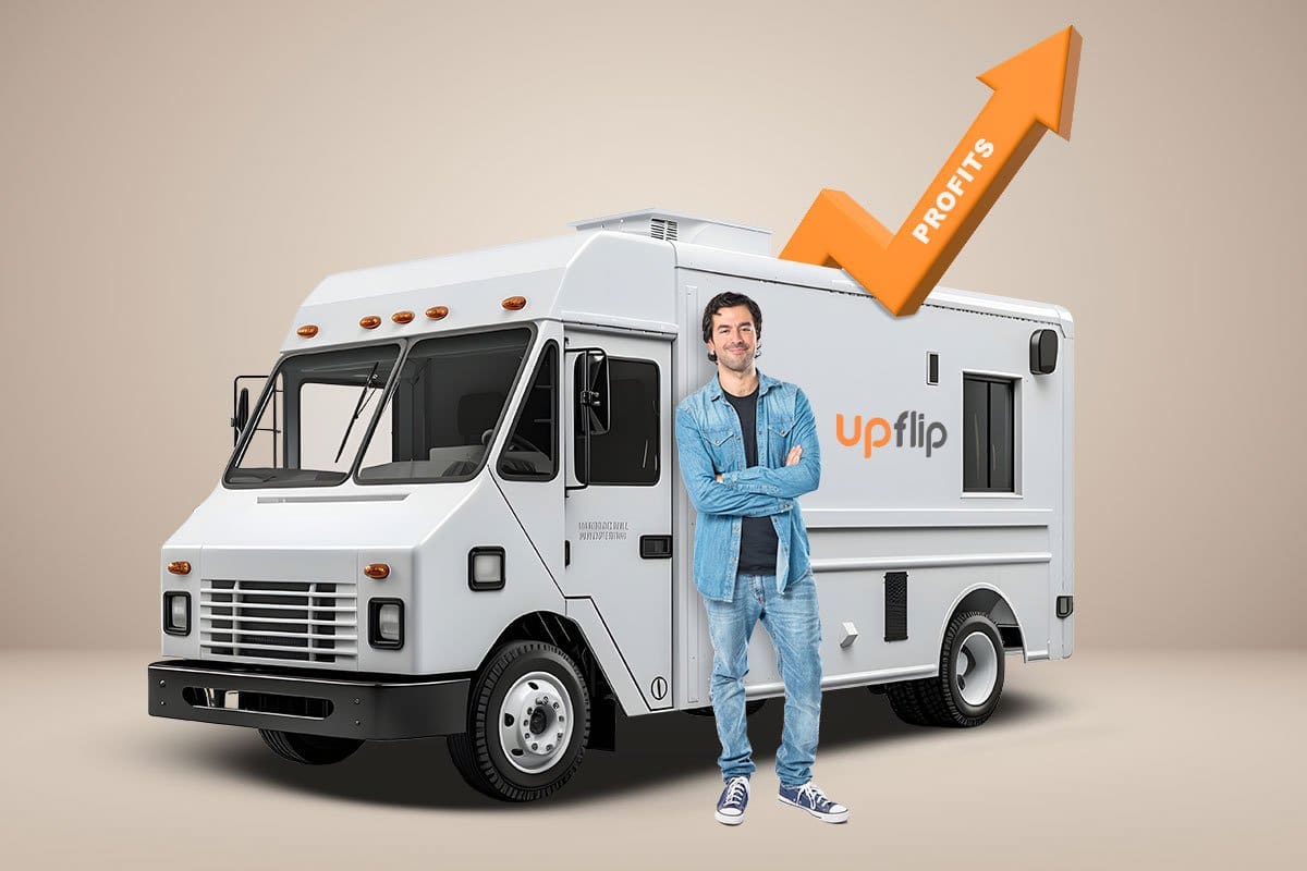 Concept of casually dressed man entrepreneur in front of a food truck with a giant orange arrow showing increasing profits