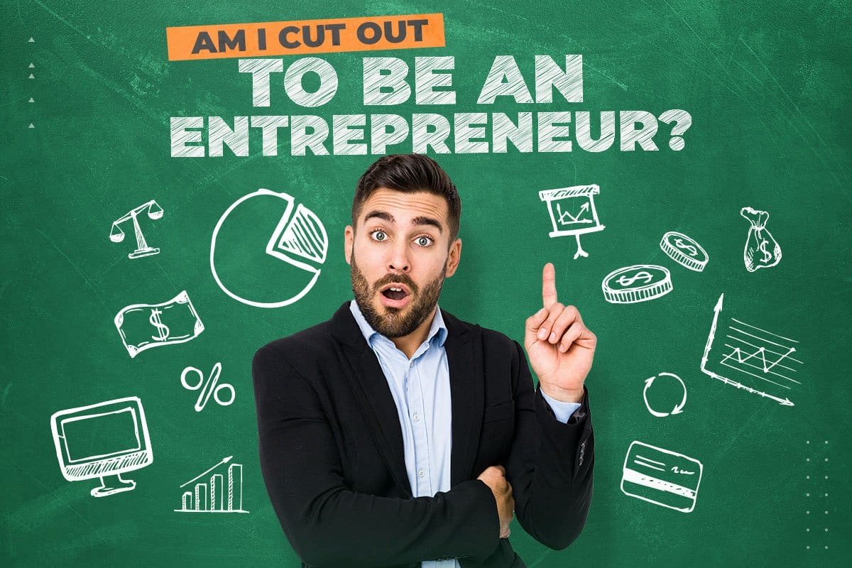 Man introducing entrepreneurship guide with chalkboard illustrations