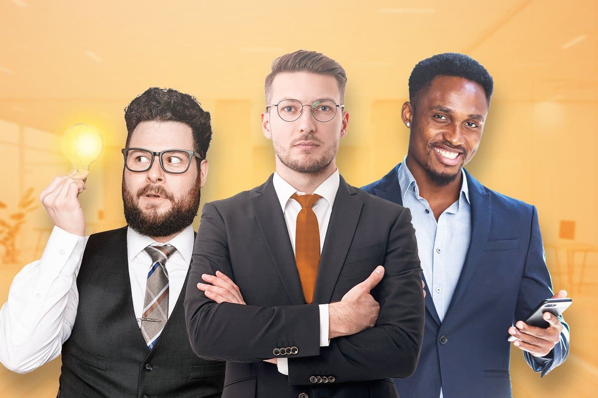Diverse group of entrepreneurs, one with a lightbulb, one with a smart phone, and another with his arms crossed and a concentrated look on his face