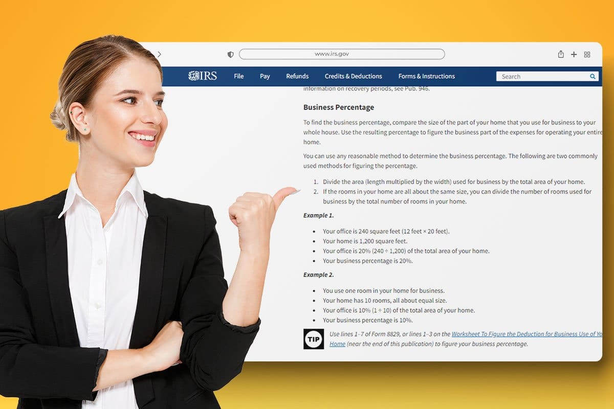 Smartly dressed woman entrepreneur gesturing to screenshot of IRS home office requirements webpage