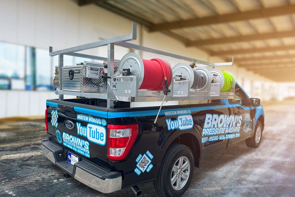 Best Pressure Washer Trailer Setup (2025) 12 Industry standard truck bed setup shown from back of Brown’s rig
