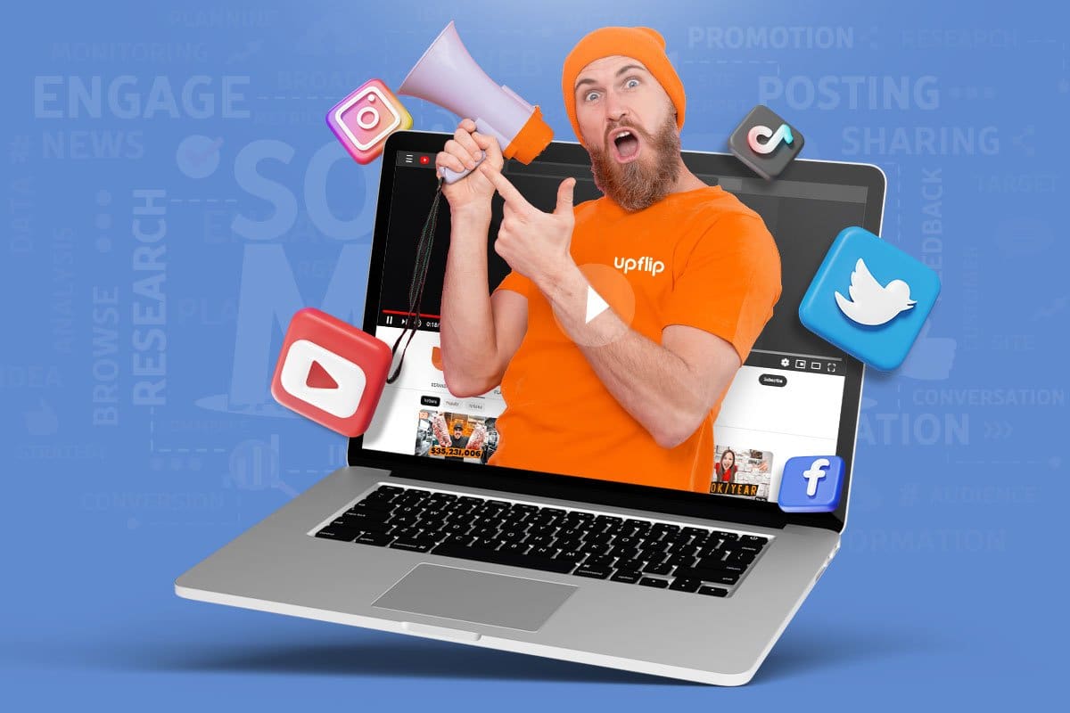 Passive income from-social media concept showing influencer popping out of a laptop with megaphone surrounded by social media platform icons