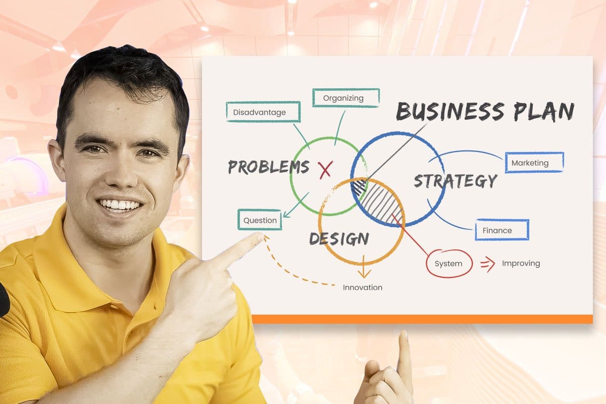Mike Andes pointing to a business plan strategy diagram that will help you determine how much revenue you can make