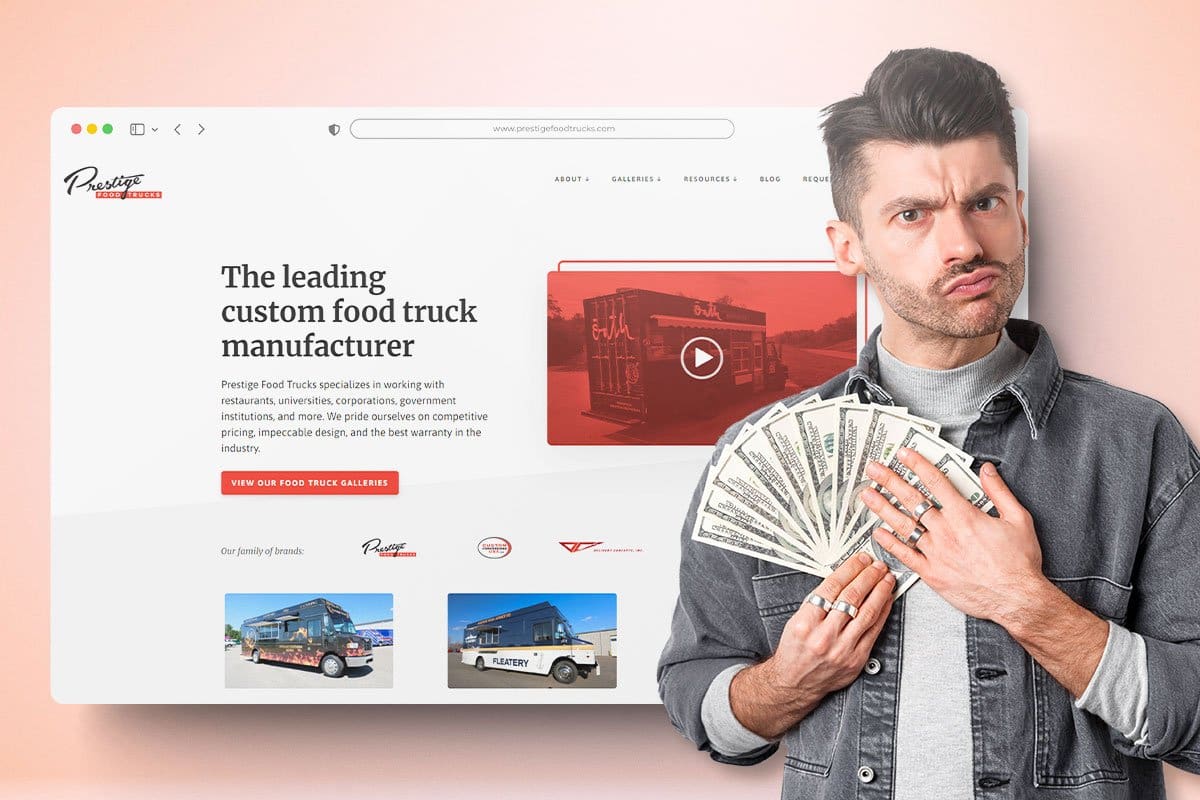 Concept showing Prestige Food Trucks homepage and a business owner holding cash in the foreground