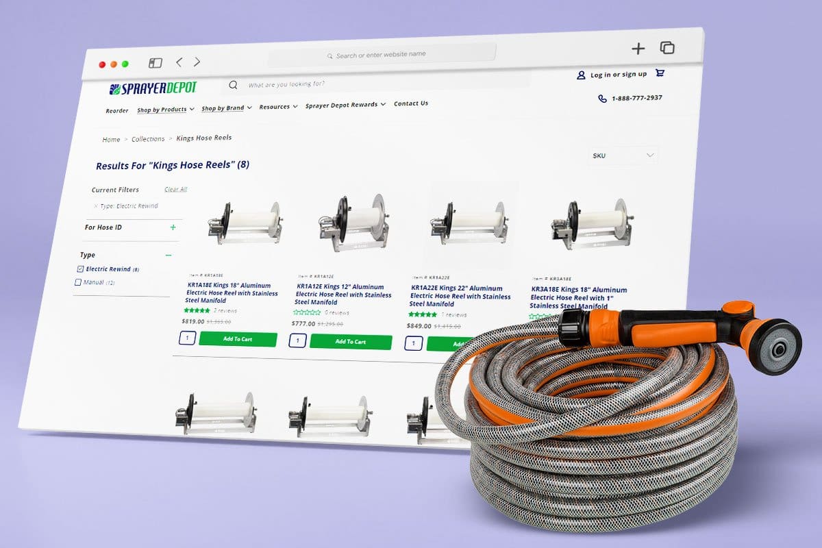 Best Pressure Washer Trailer Setup (2025) 9 Concept of neatly coiled soft wash trailer hose with Sprayer Depot hose reel webpage in background