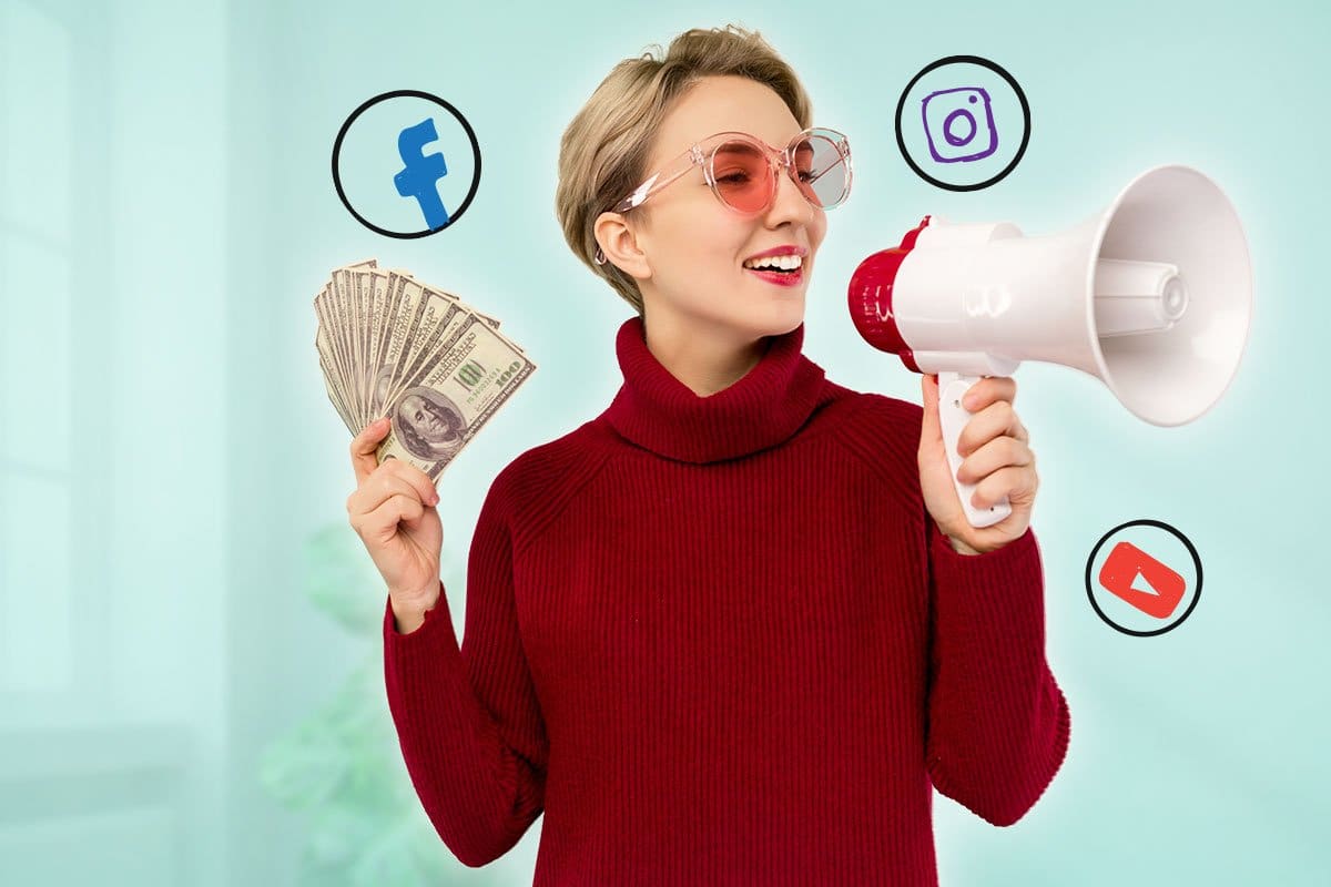 Woman entrepreneur with megaphone in one hand, cash in the other, and social media icons including Facebook, Instagram, and YouTube drawn around her
