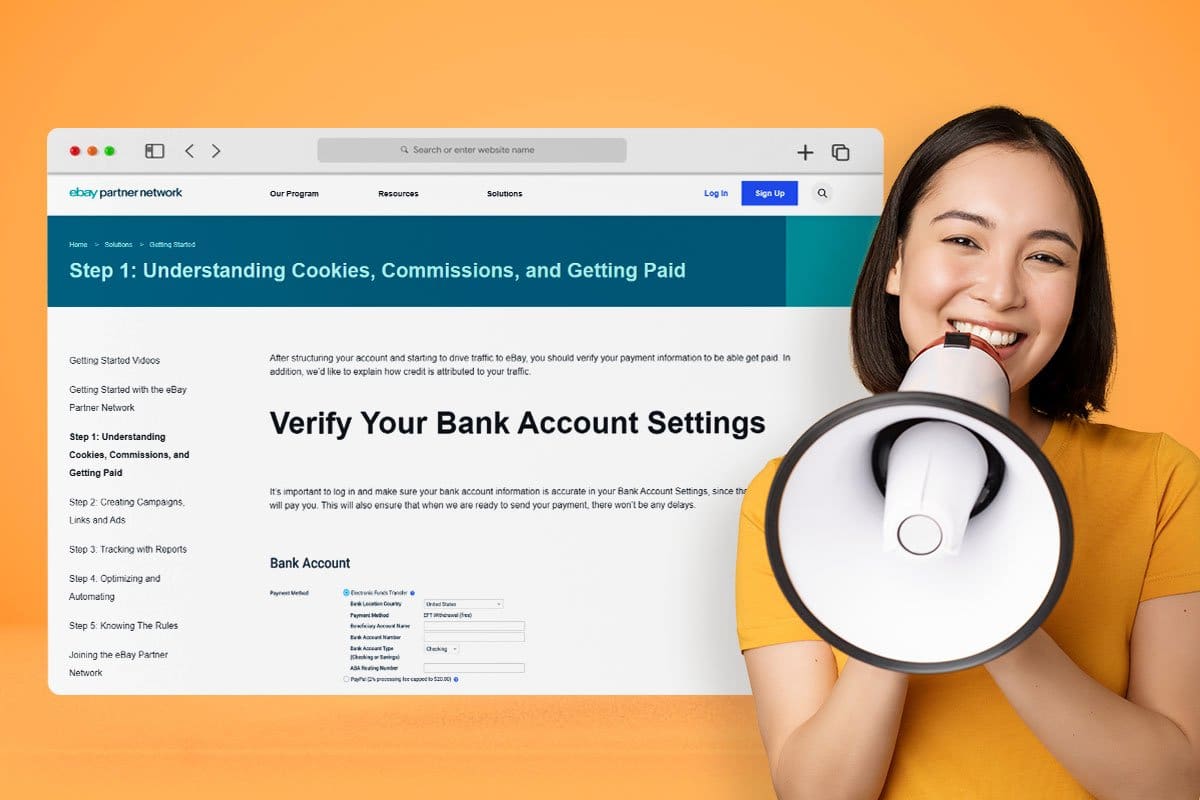 Smiling, casually dressed woman with a megaphone in front of eBay’s affiliate partner "Verify Your Bank Account Settings" webpage