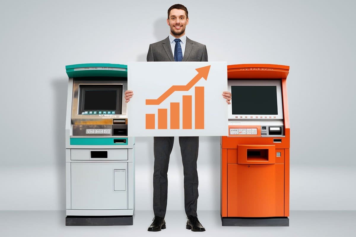 How to Start a $15M/Year ATM Business 10 ATM business growth illustrated by smartly dressed man holding upward-trending graph between two ATMs