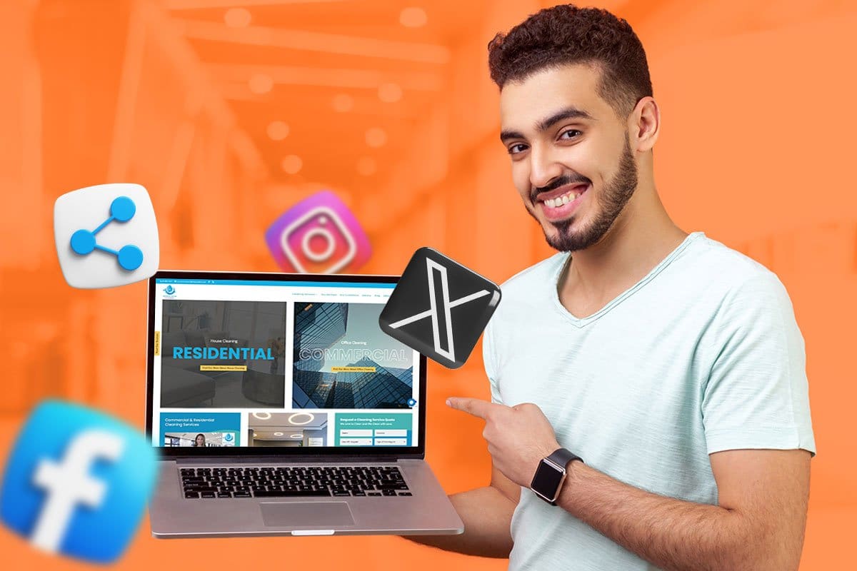 Cleaning Business Website 7-Step Guide 7 Cleaning business socials concept showing a company homepage on a laptop surrounded by social media icons including X, Facebook, and Instagram