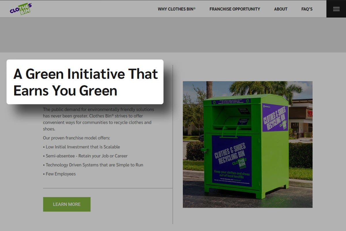 Clothes Bins at shopping centers shown on franchise webpage