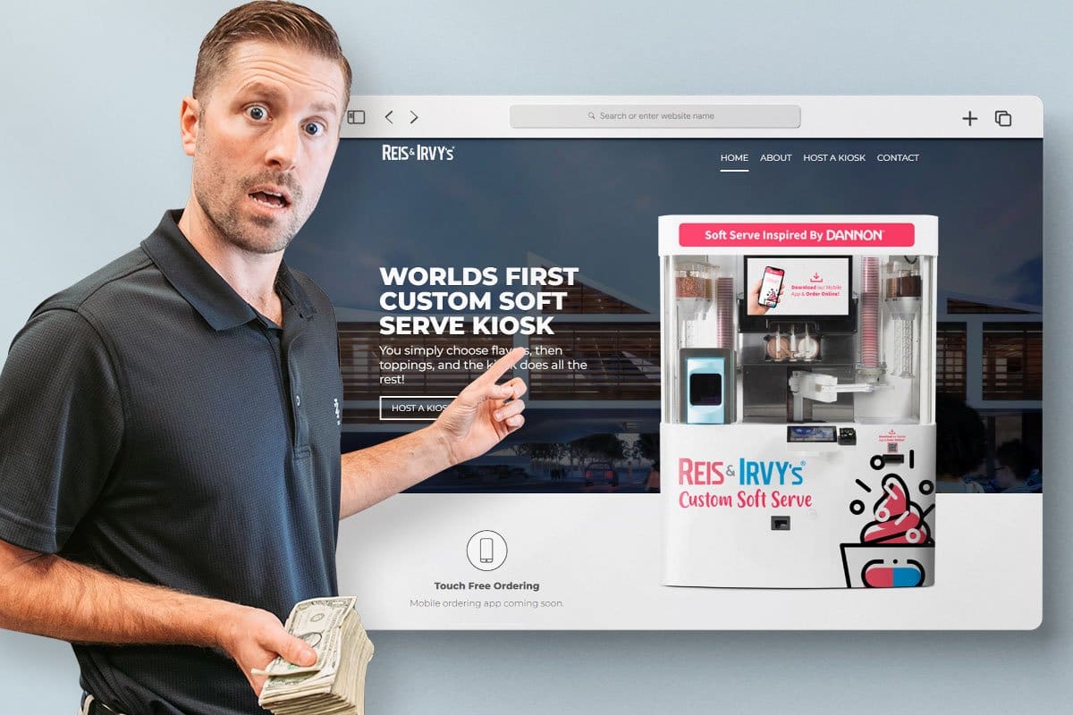 Adam Hill pointing to Reis and Irvys homepage showing their cutting-edge technology in soft serve vending machines.