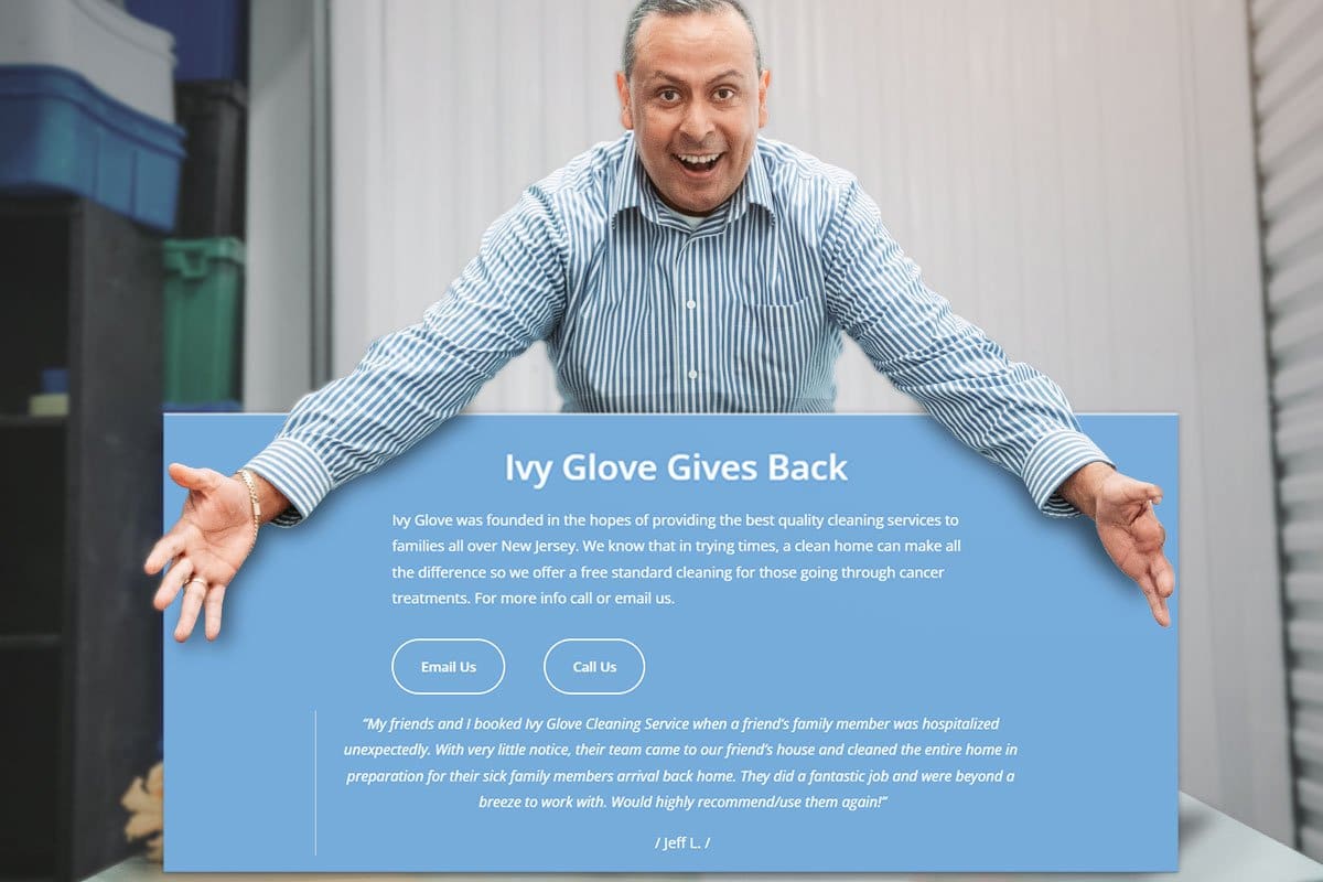 Cleaning Business Website 7-Step Guide 5 Community involvement concept with Chris showing a screen grab of Ivy Glove Gives Back’s free cleaning for cancer patients info